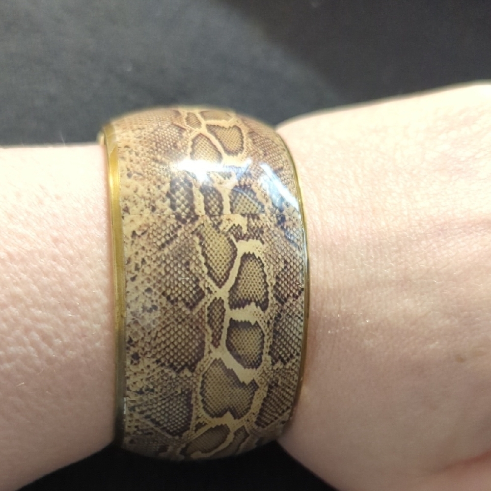 Gold Tone Brown Tan Snake Print Chunky Bangle Statement Bracelet